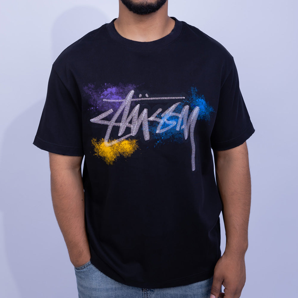 تيشيرت راوند أوفرسايز قطن بطباعة جرافيتي سكريبت للرجال | Giovane Clothing
