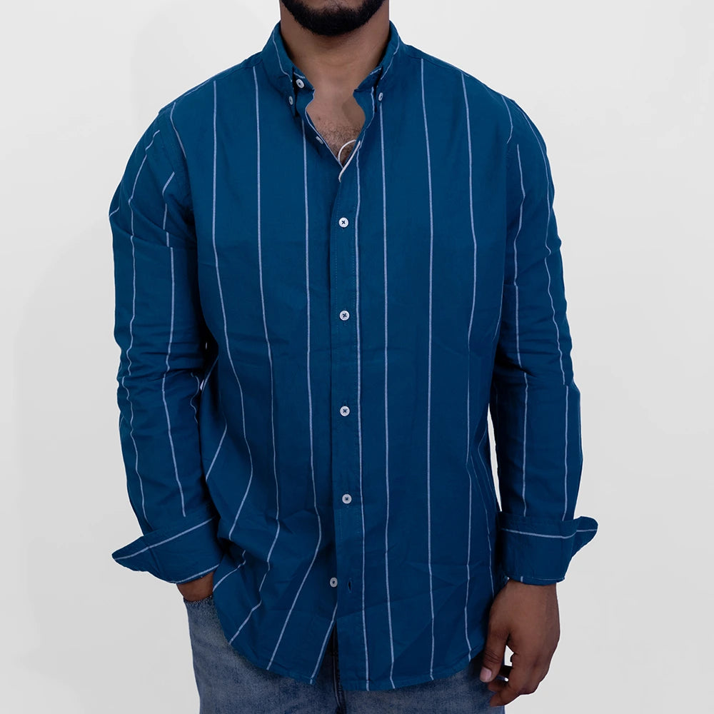  قميص أكسفورد مخطط كم طويل Slim Fit للرجال