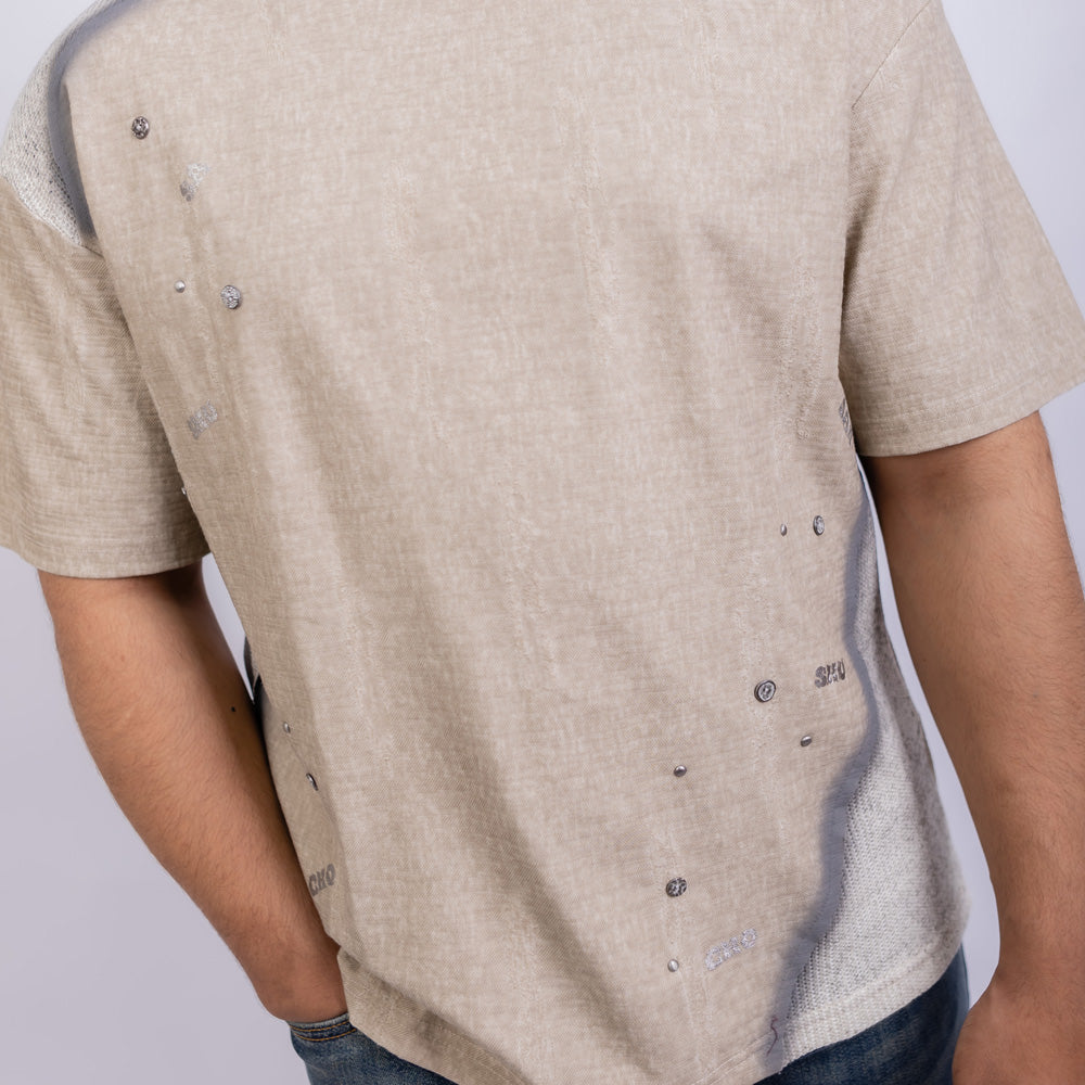 Oversized Men's Cotton Contrast Panel Metal Studs Crew Neck T-Shirt