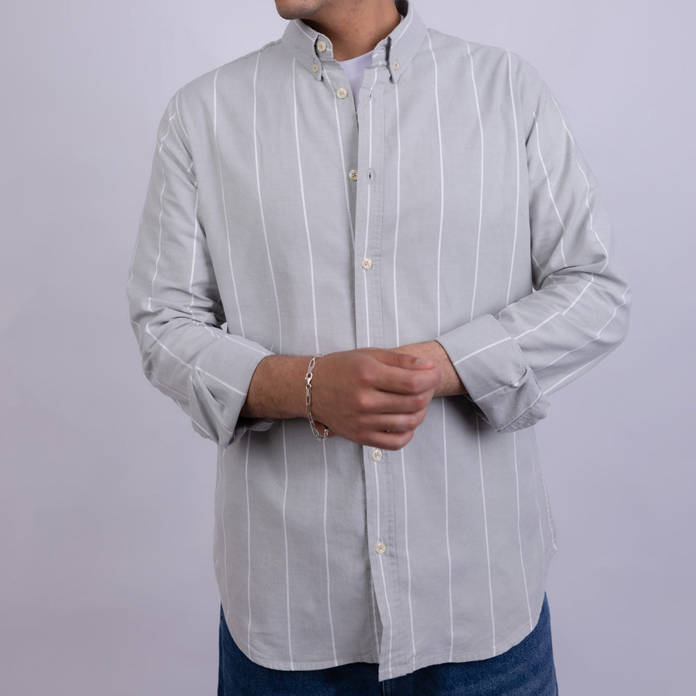 Slim Fit Oxford Striped Long Sleeve Shirt for Men