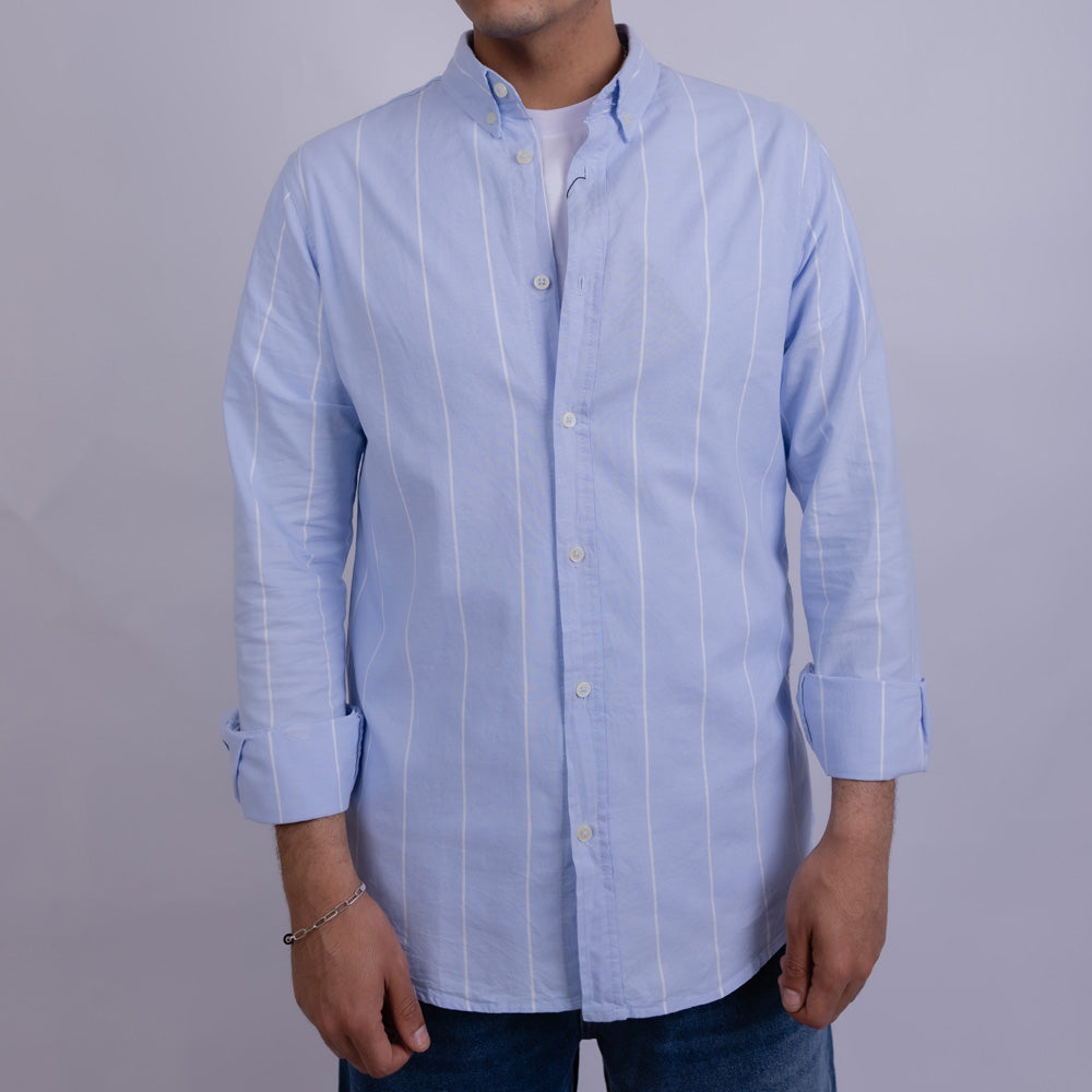 Slim Fit Oxford Striped Long Sleeve Shirt for Men