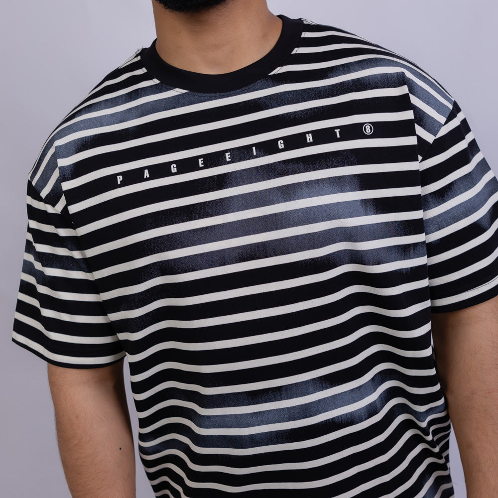 Oversized Men's Cotton Striped Chest Print Round Neck T-Shirt
