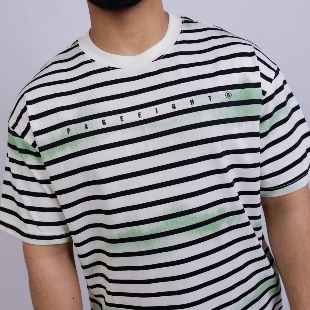 Oversized Men's Cotton Striped Chest Print Round Neck T-Shirt