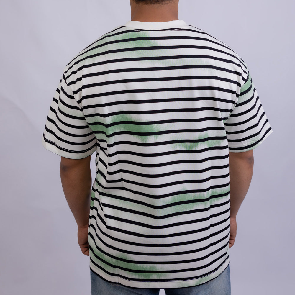 Oversized Men's Cotton Striped Chest Print Round Neck T-Shirt