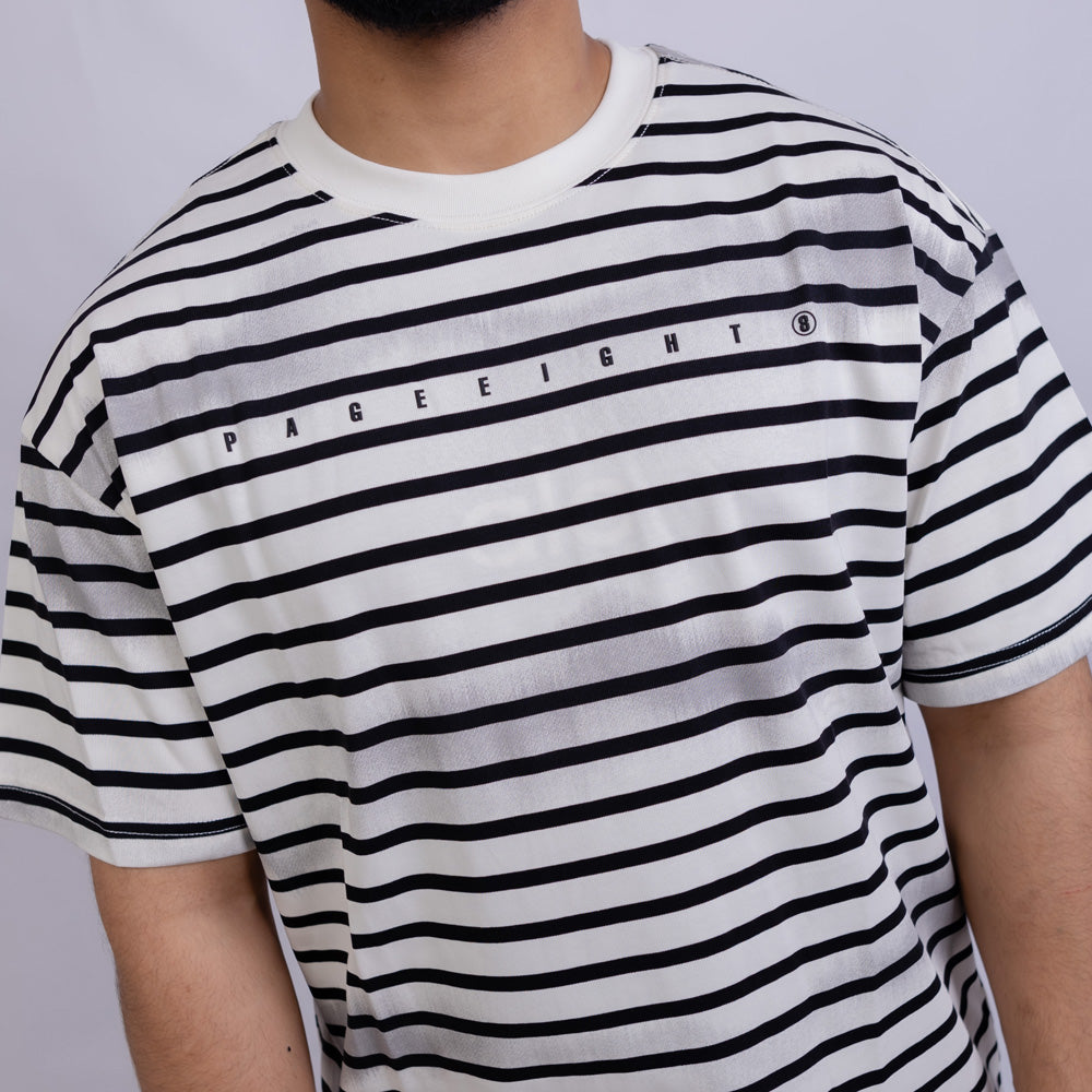 Oversized Men's Cotton Striped Chest Print Round Neck T-Shirt