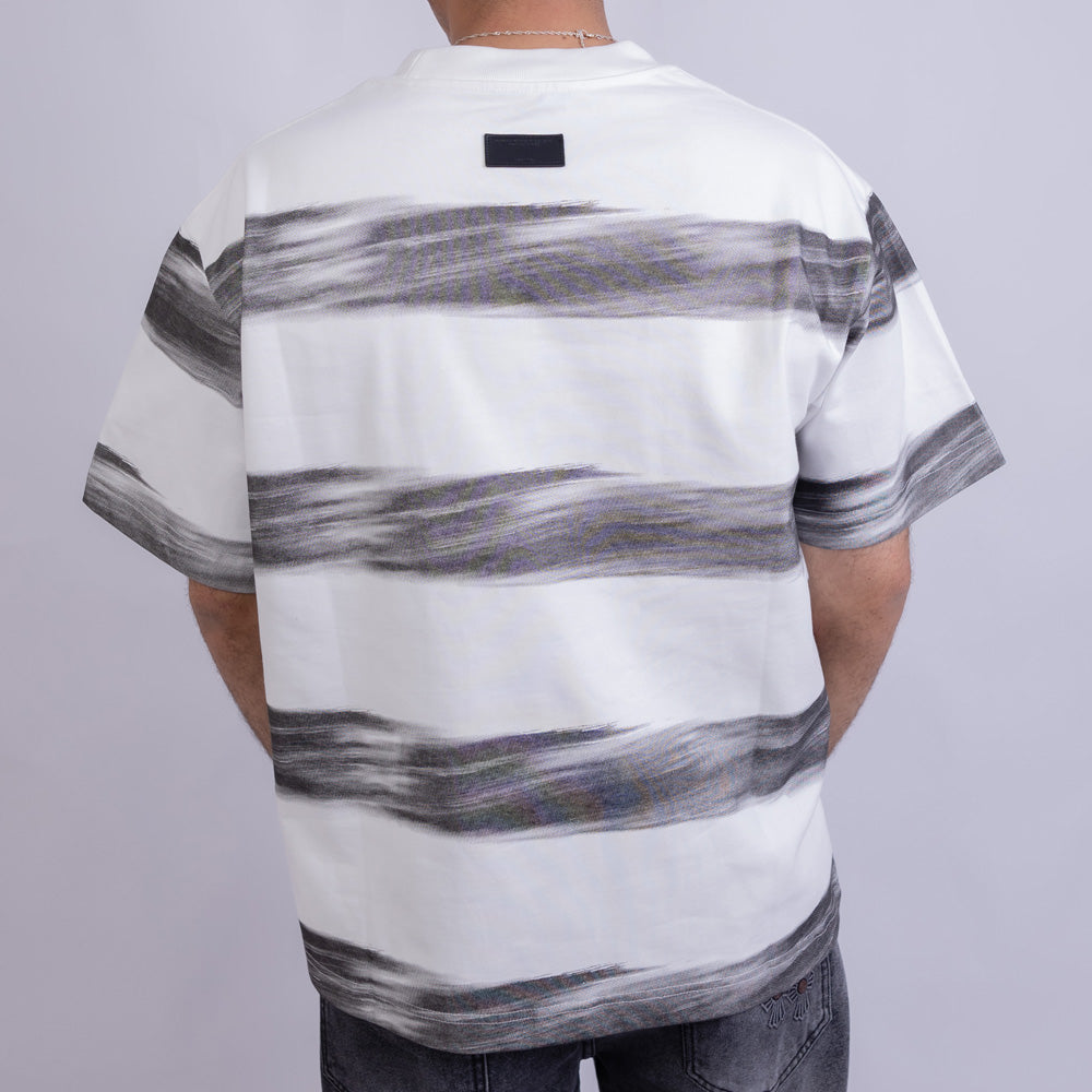 Oversized Men's Cotton Striped Chest Print Round Neck T-Shirt