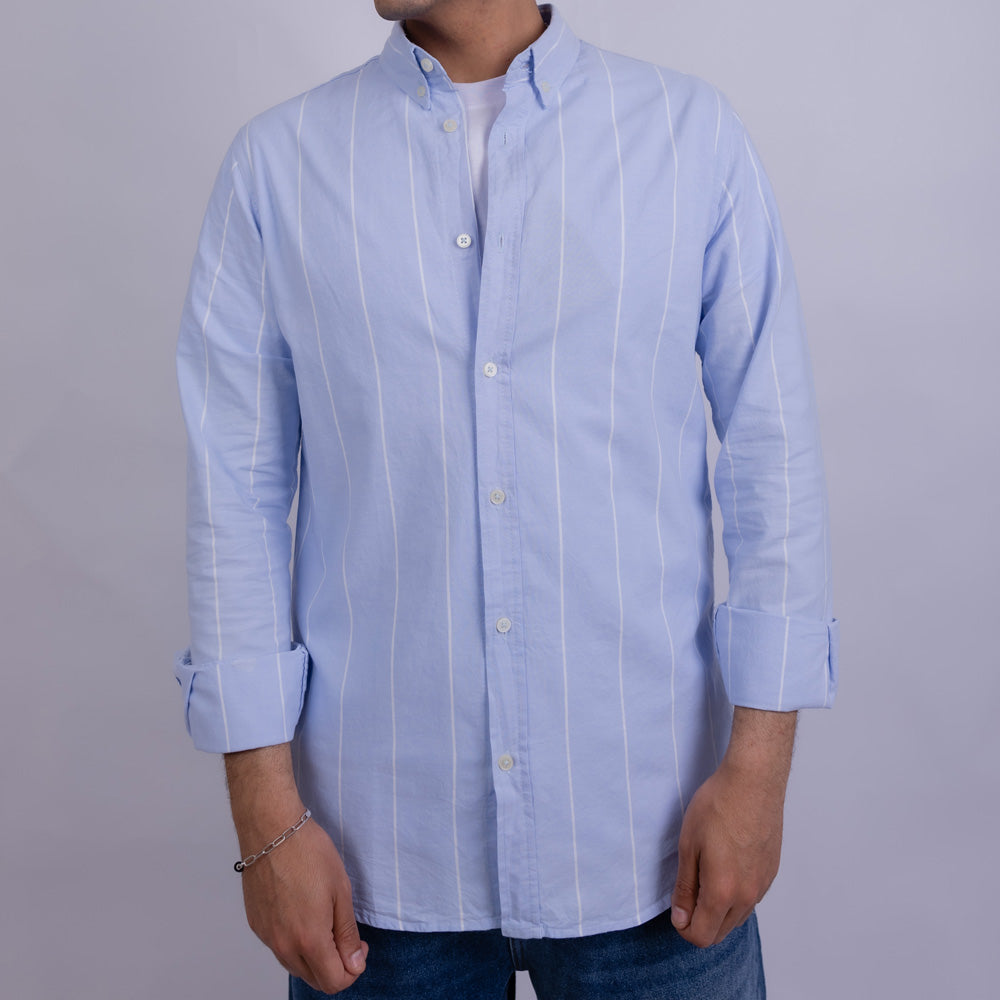 Slim Fit Oxford Striped Long Sleeve Shirt for Men