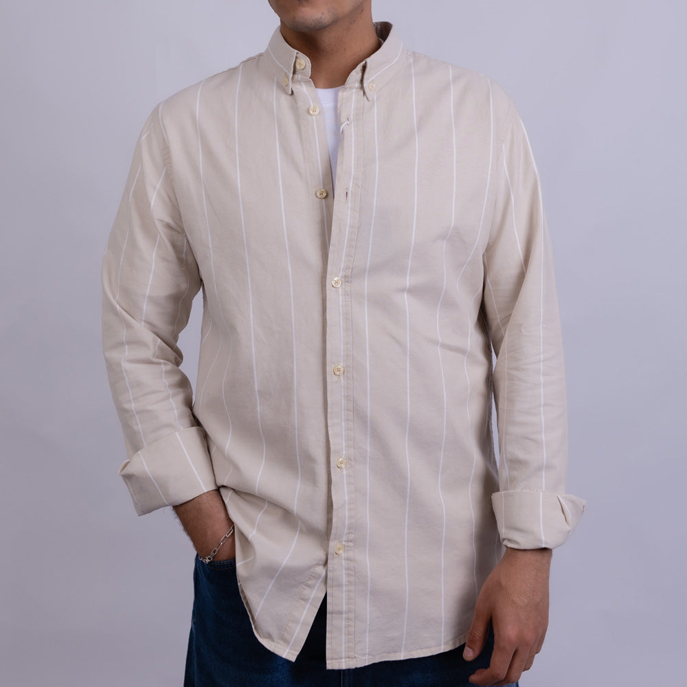 Slim Fit Oxford Striped Long Sleeve Shirt for Men