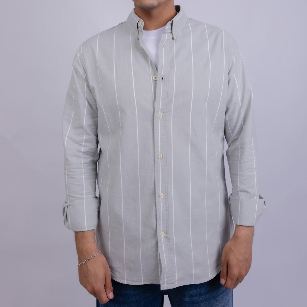 Slim Fit Oxford Striped Long Sleeve Shirt for Men