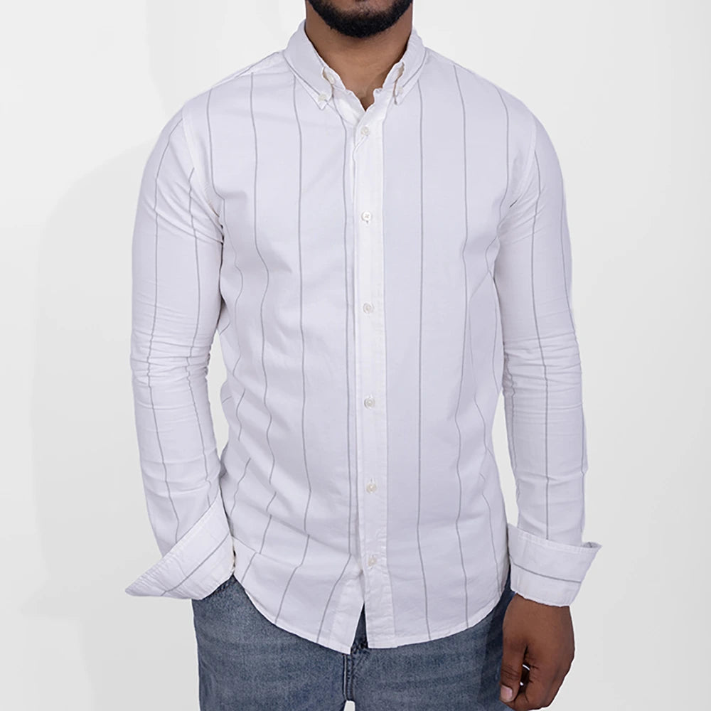  قميص أكسفورد مخطط كم طويل Slim Fit للرجال