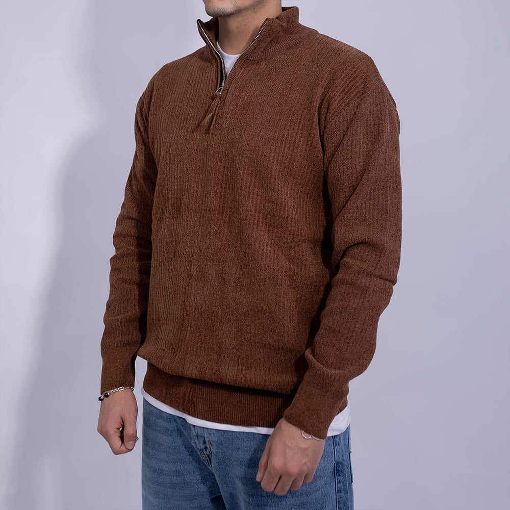 Relaxed Fit Ribbed Knit Quarter-Zip Sweater for Men | Stand Collar