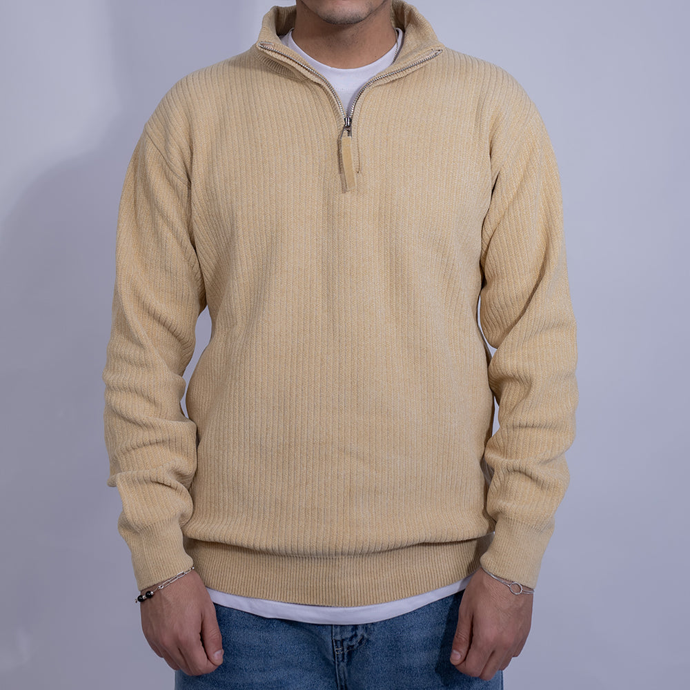 Relaxed Fit Ribbed Knit Quarter-Zip Sweater for Men | Stand Collar