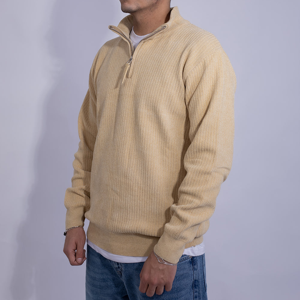 Relaxed Fit Ribbed Knit Quarter-Zip Sweater for Men | Stand Collar