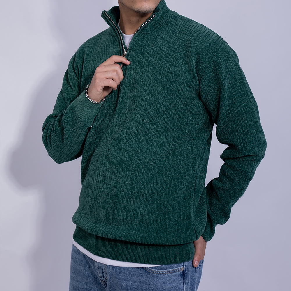 Relaxed Fit Ribbed Knit Quarter-Zip Sweater for Men | Stand Collar
