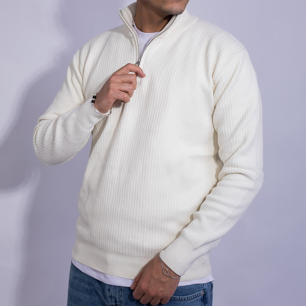 Relaxed Fit Ribbed Knit Quarter-Zip Sweater for Men | Stand Collar