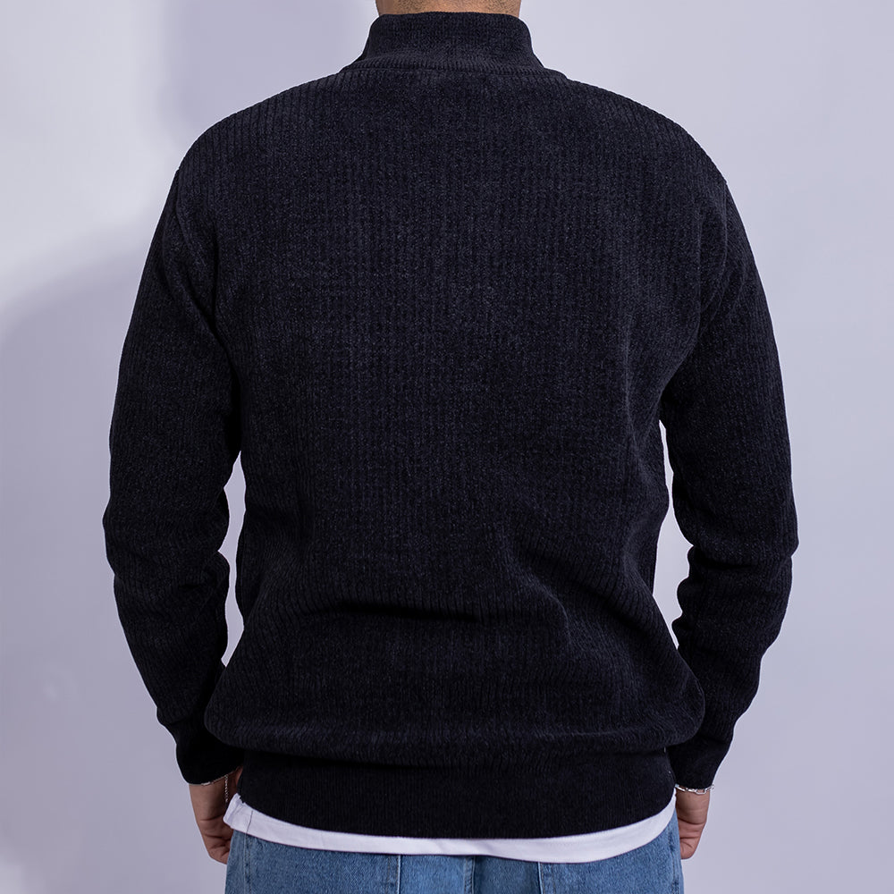 Relaxed Fit Ribbed Knit Quarter-Zip Sweater for Men | Stand Collar