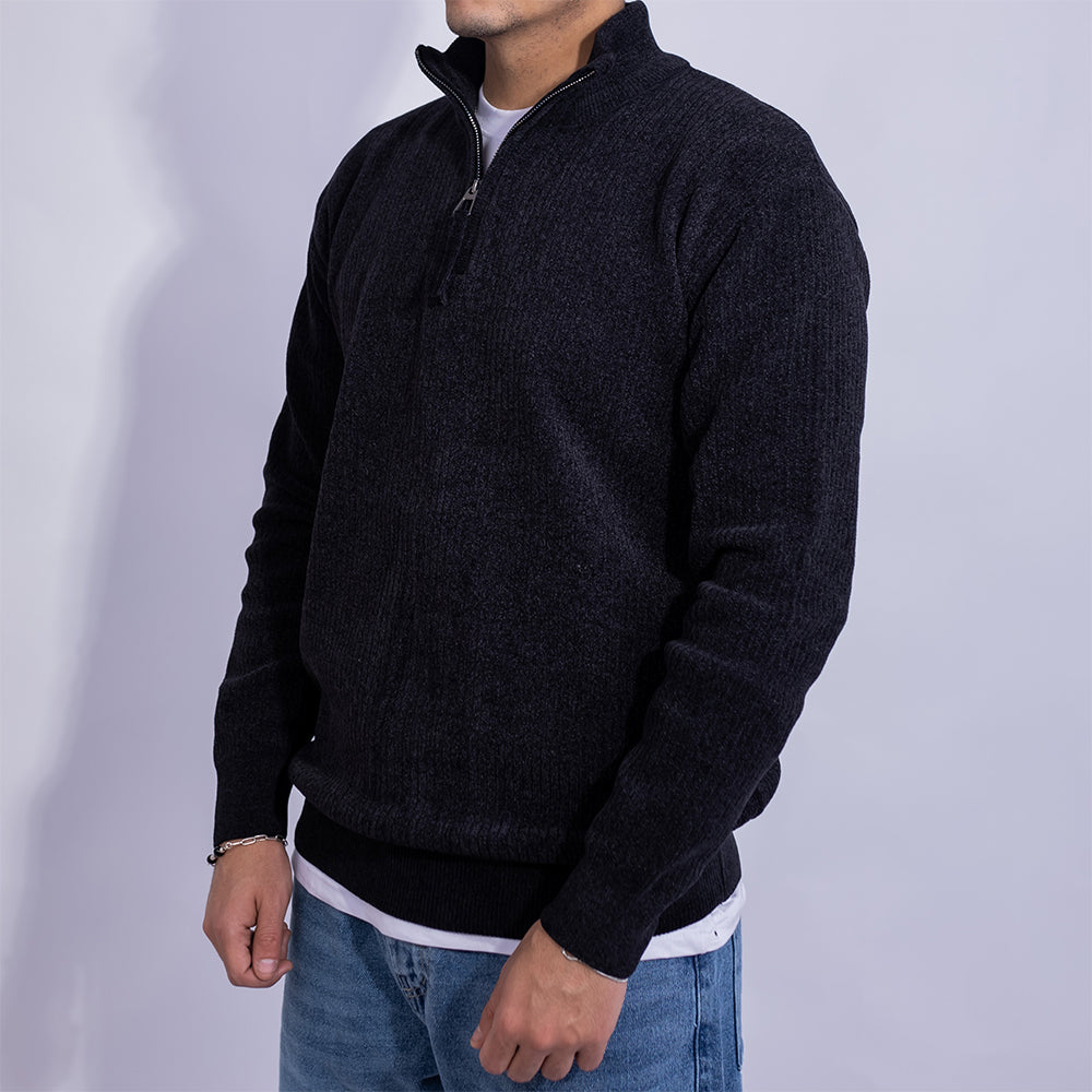 Relaxed Fit Ribbed Knit Quarter-Zip Sweater for Men | Stand Collar