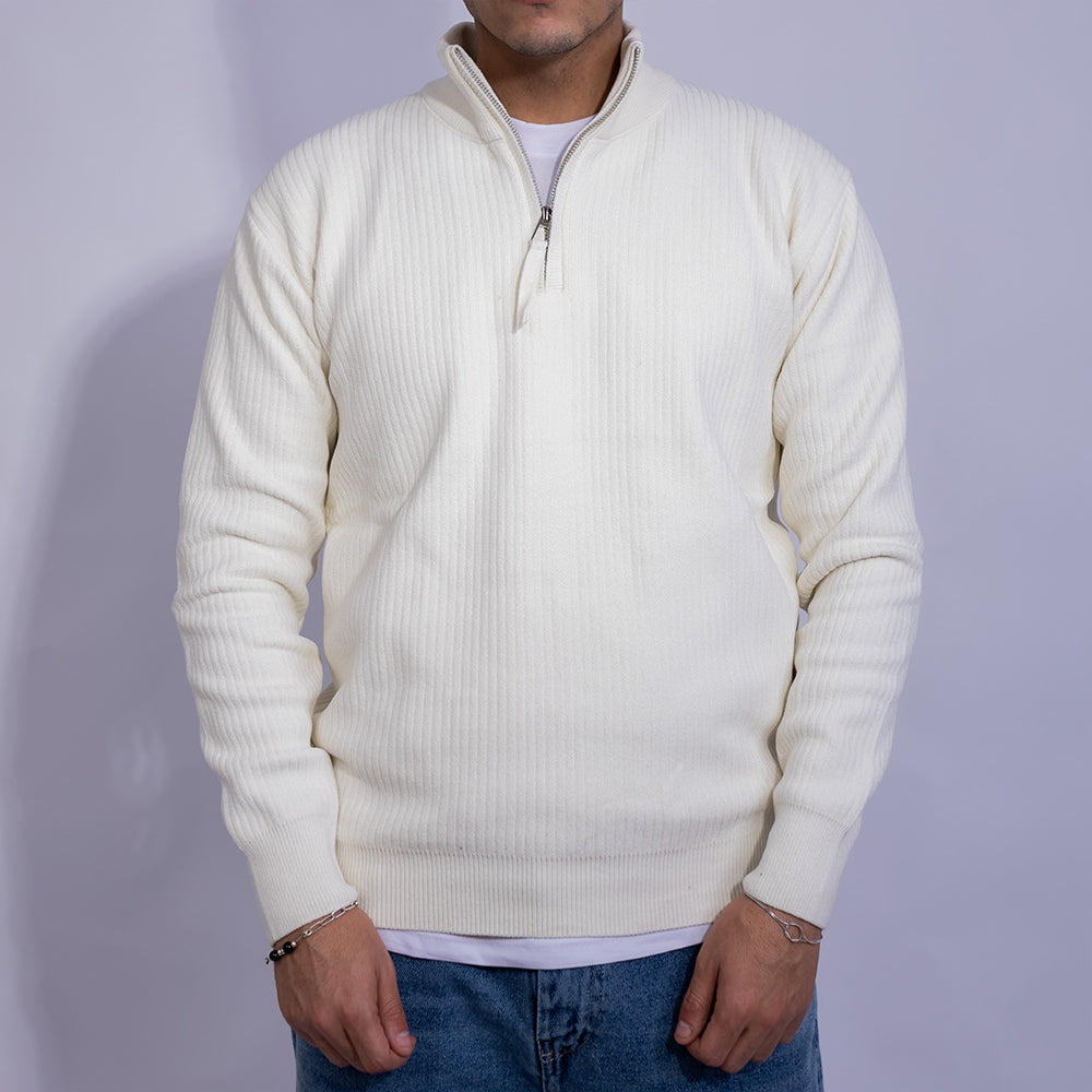 Relaxed Fit Ribbed Knit Quarter-Zip Sweater for Men | Stand Collar