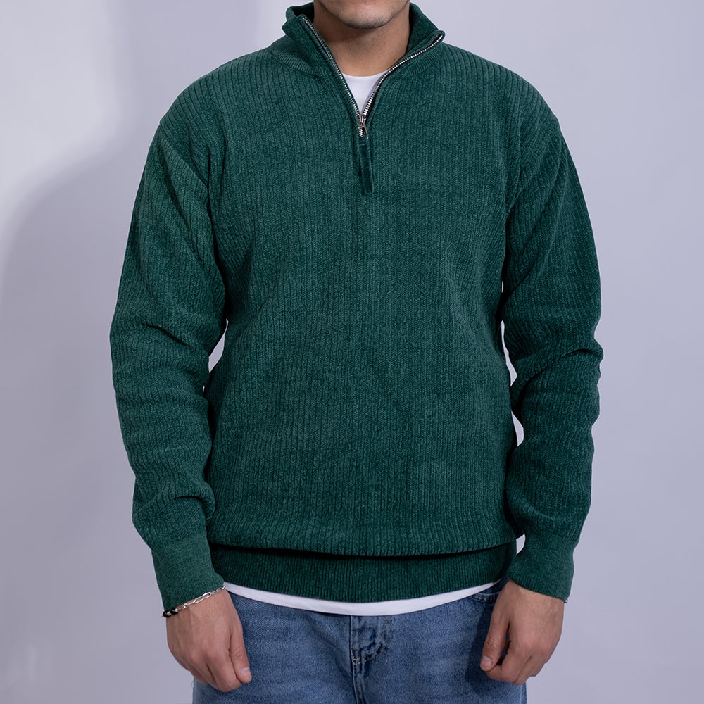 Relaxed Fit Ribbed Knit Quarter-Zip Sweater for Men | Stand Collar