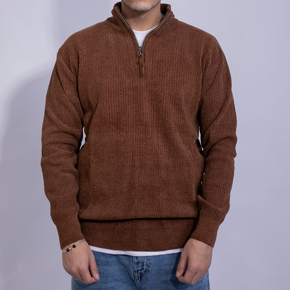 Relaxed Fit Ribbed Knit Quarter-Zip Sweater for Men | Stand Collar