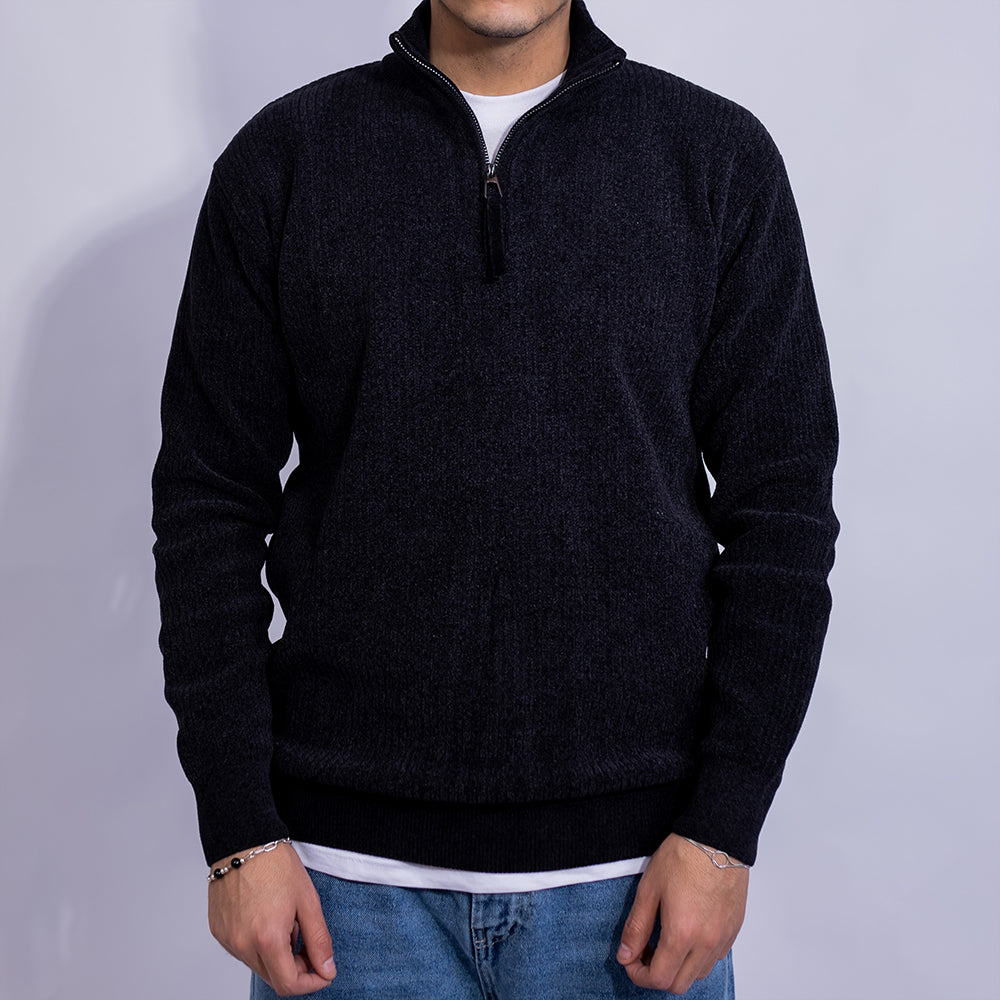 Relaxed Fit Ribbed Knit Quarter-Zip Sweater for Men | Stand Collar