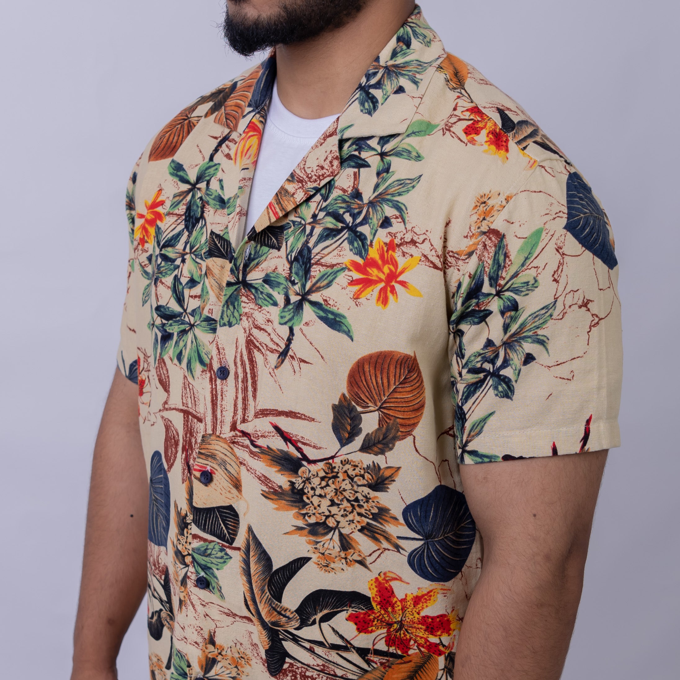 Relaxed Fit Botanical Print Short Sleeve Shirt for Men
