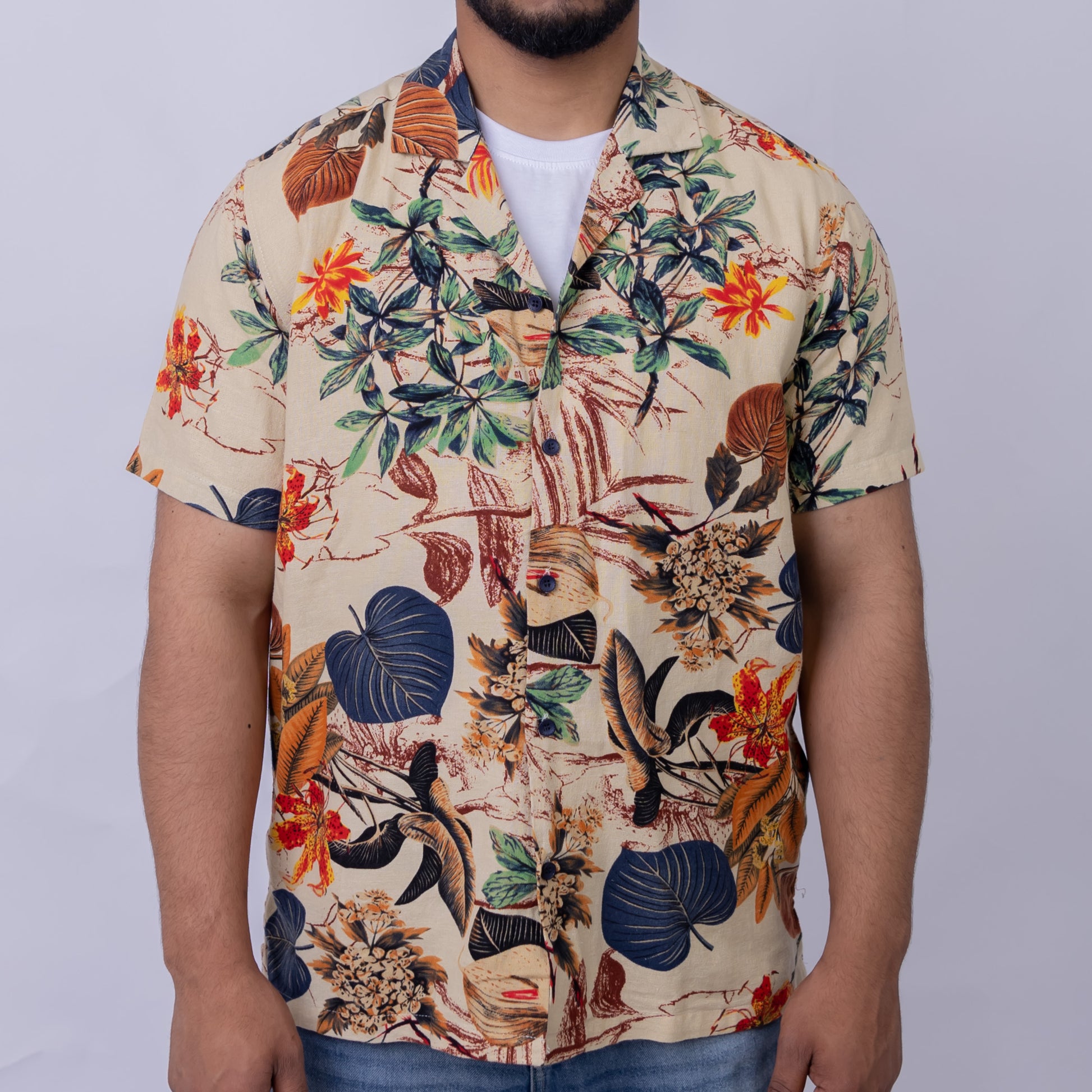Relaxed Fit Botanical Print Short Sleeve Shirt for Men