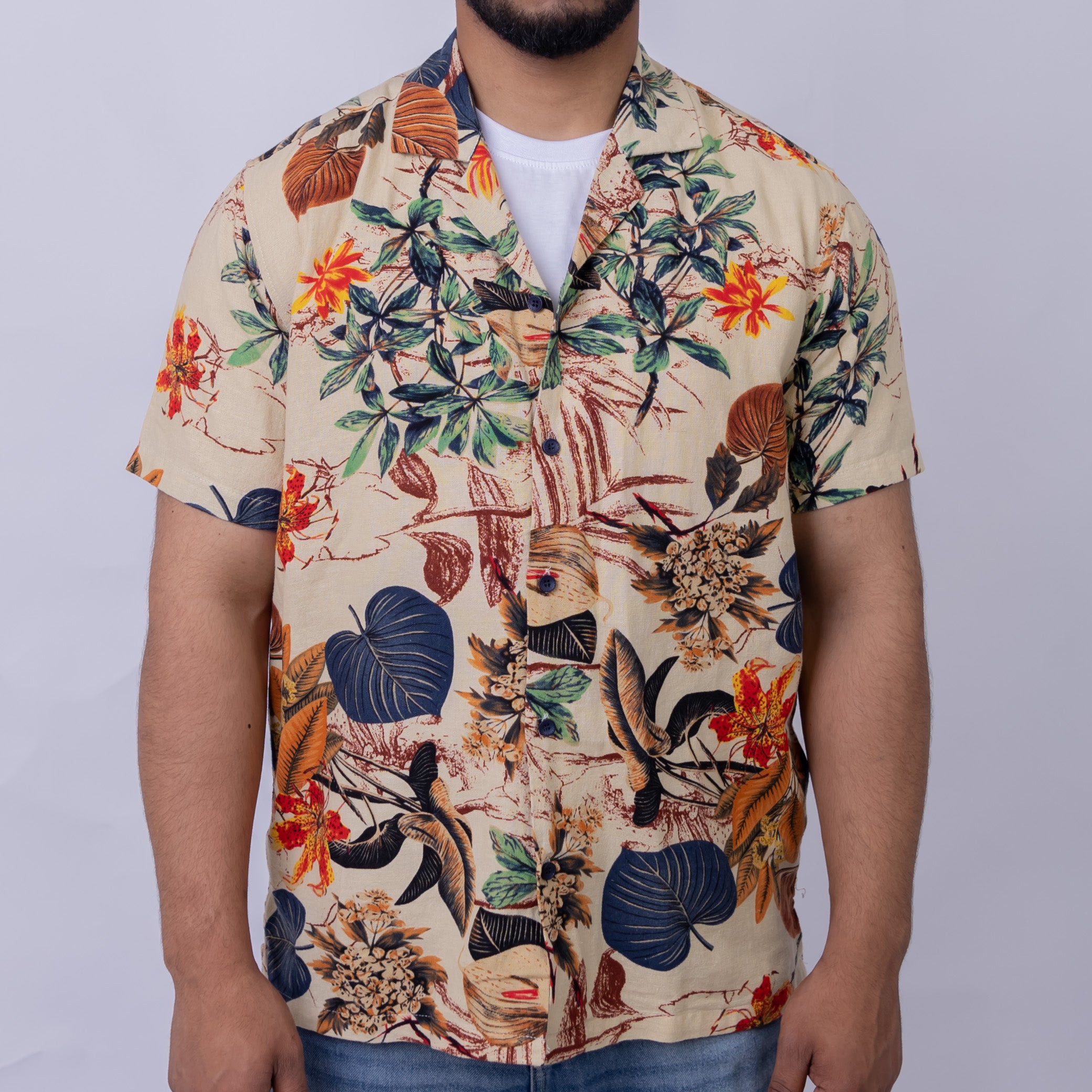 Relaxed Fit Botanical Print Short Sleeve Shirt for Men