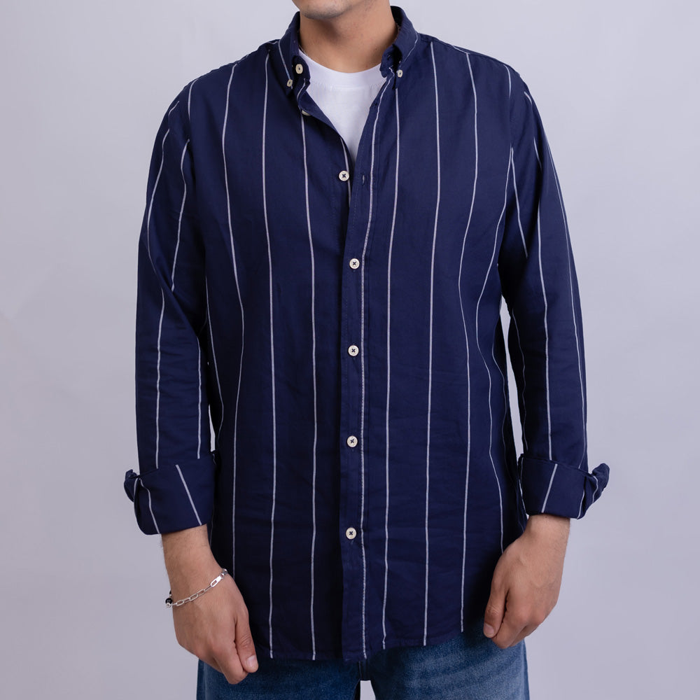 Slim Fit Oxford Striped Long Sleeve Shirt for Men