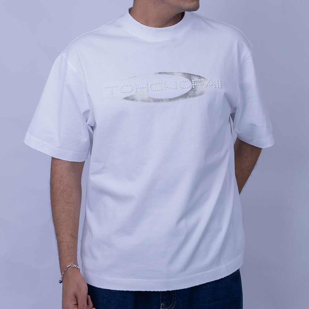 Oversized Cotton Chrome Print & Embroidery Mock Neck T-Shirt