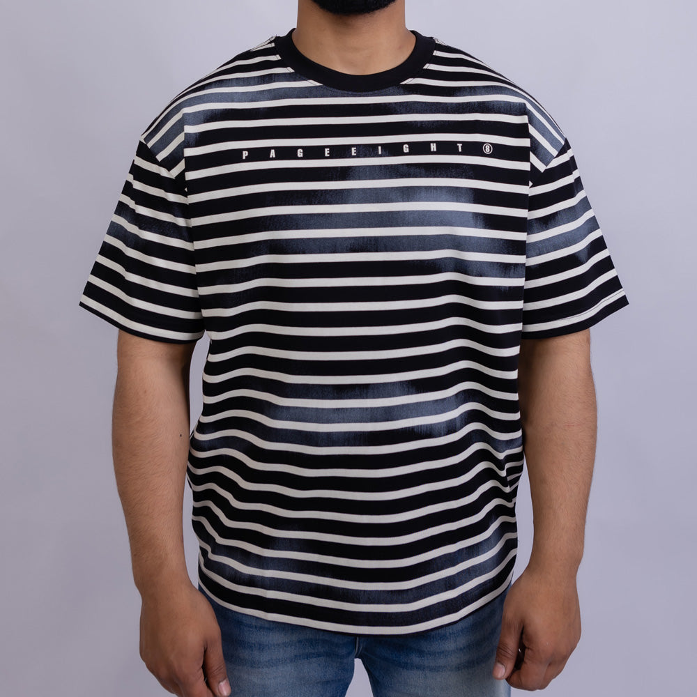 Oversized Men's Cotton Striped Chest Print Round Neck T-Shirt