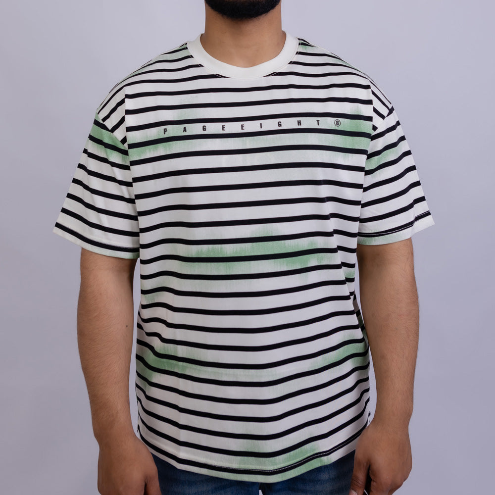 Oversized Men's Cotton Striped Chest Print Round Neck T-Shirt