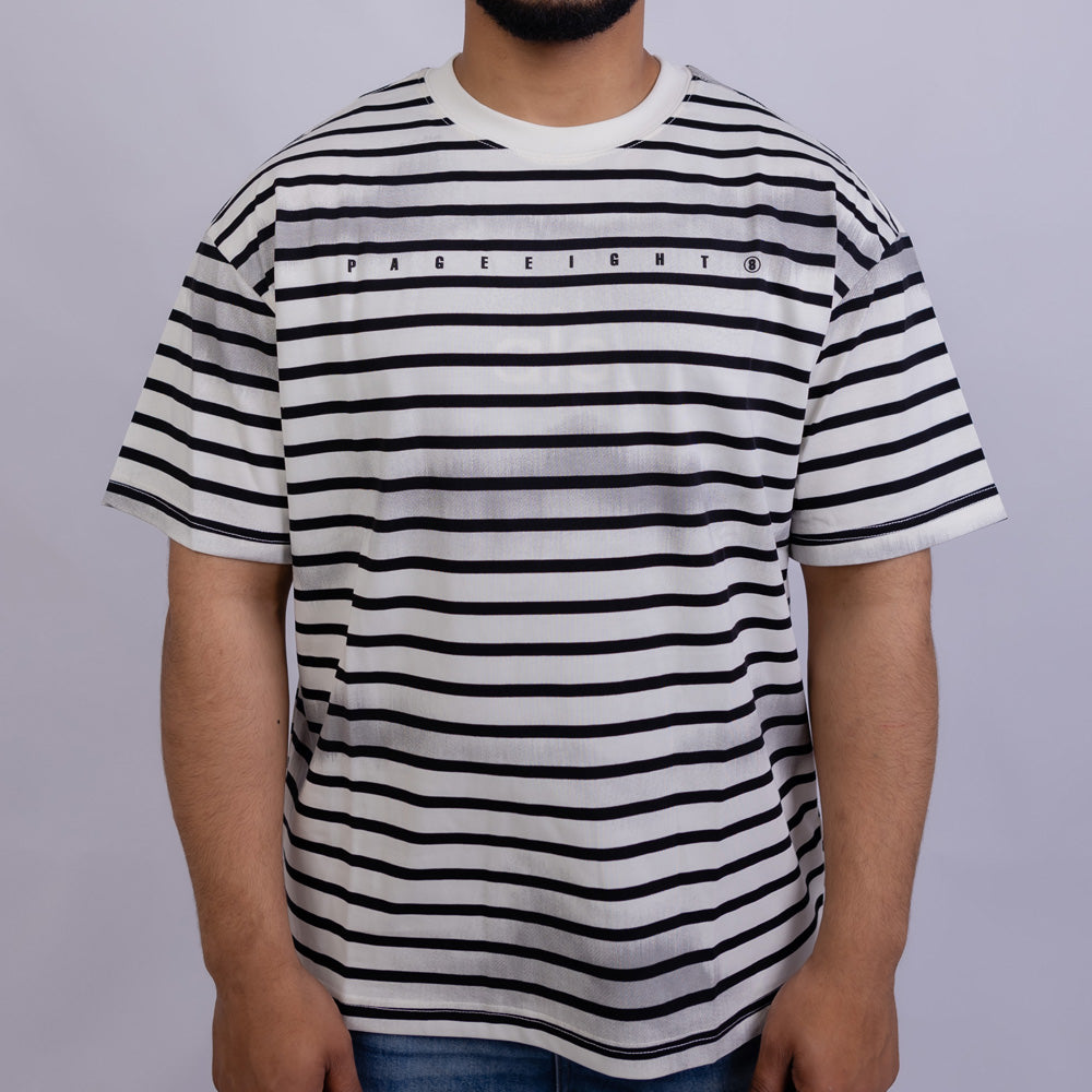 Oversized Men's Cotton Striped Chest Print Round Neck T-Shirt