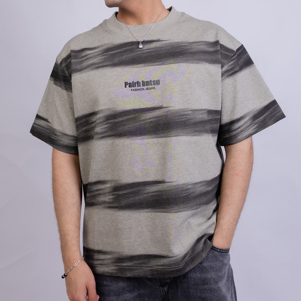 Oversized Men's Cotton Striped Chest Print Round Neck T-Shirt