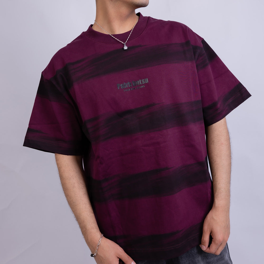Oversized Men's Cotton Striped Chest Print Round Neck T-Shirt