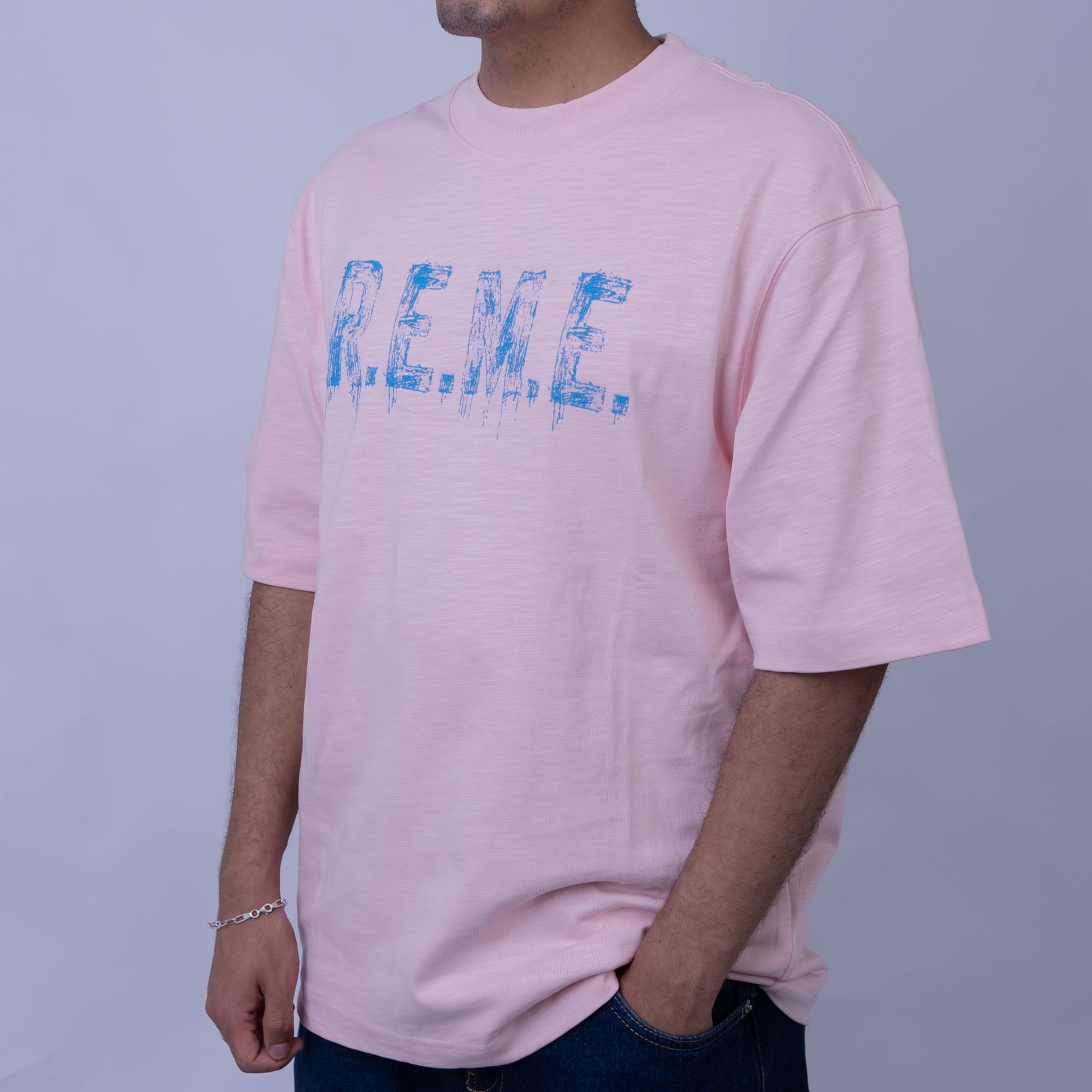 Oversized Men's Cotton Chest Graphic Print Round Neck T-Shirt