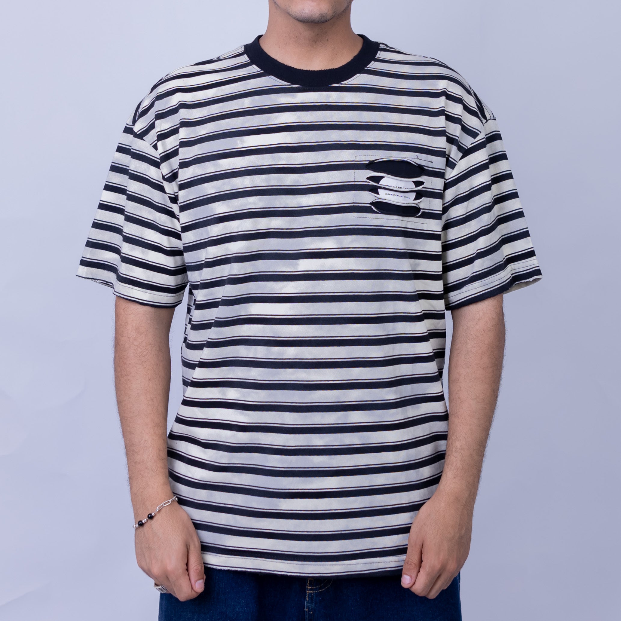 Oversized Men's Cotton Striped Pocket Contrast Collar Round Neck T-Shirt