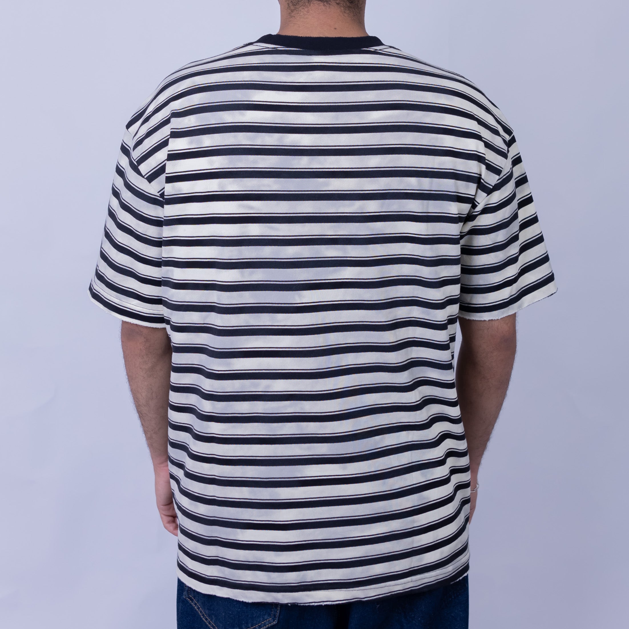 Oversized Men's Cotton Striped Pocket Contrast Collar Round Neck T-Shirt