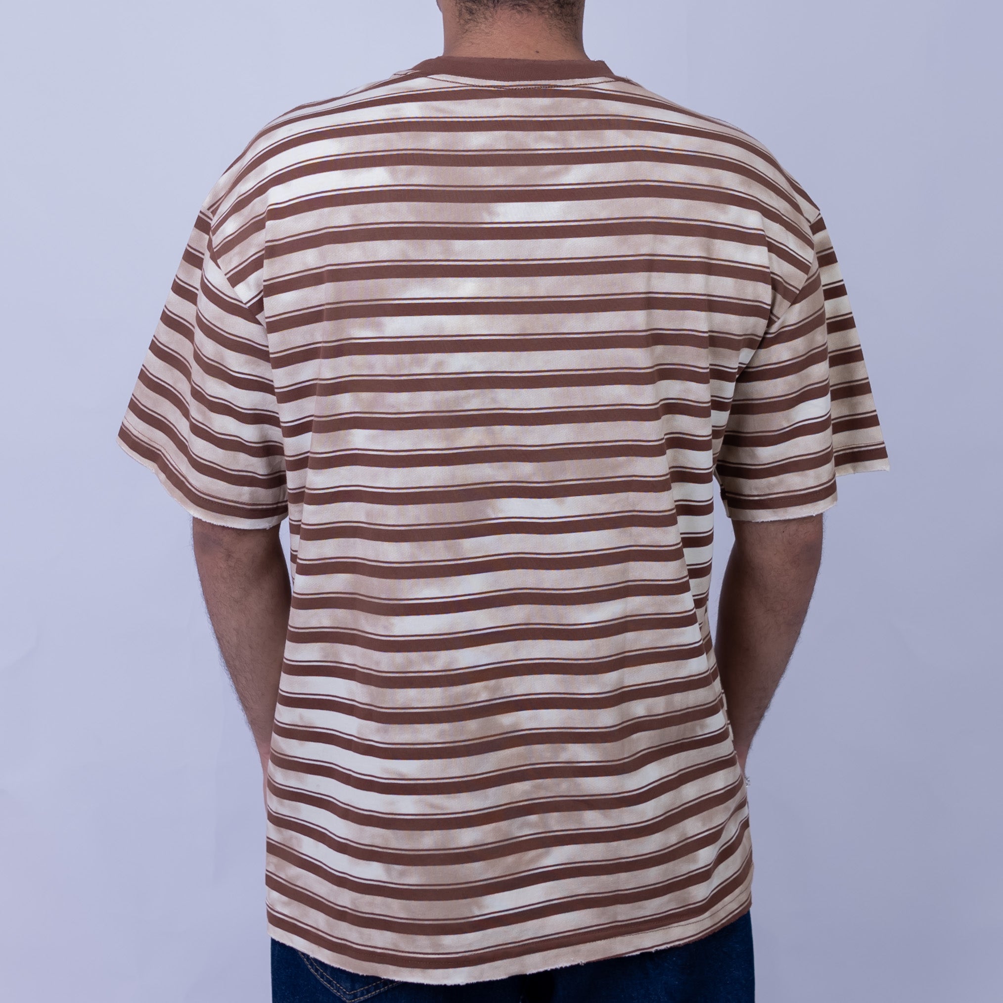 Oversized Men's Cotton Striped Pocket Contrast Collar Round Neck T-Shirt