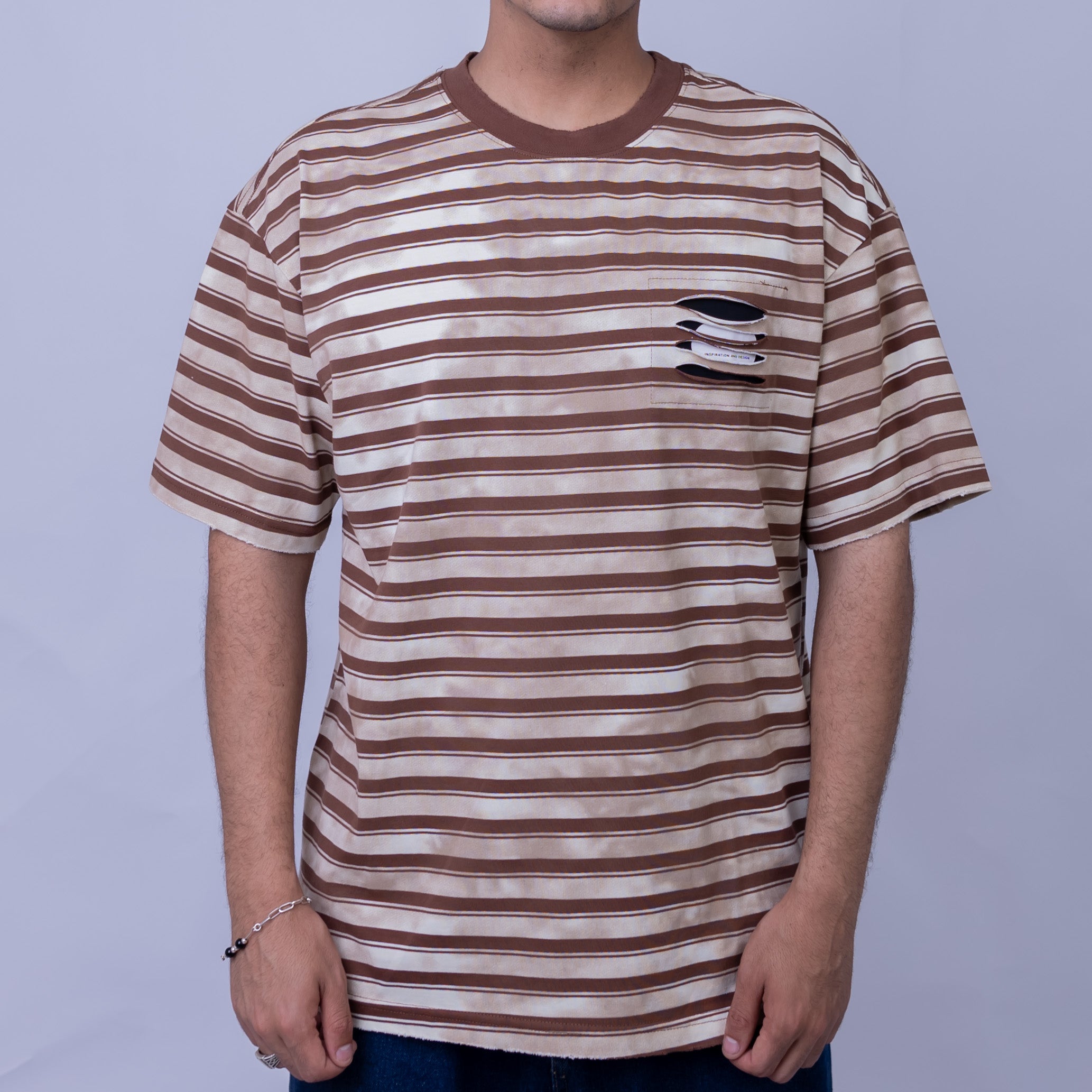 Oversized Men's Cotton Striped Pocket Contrast Collar Round Neck T-Shirt