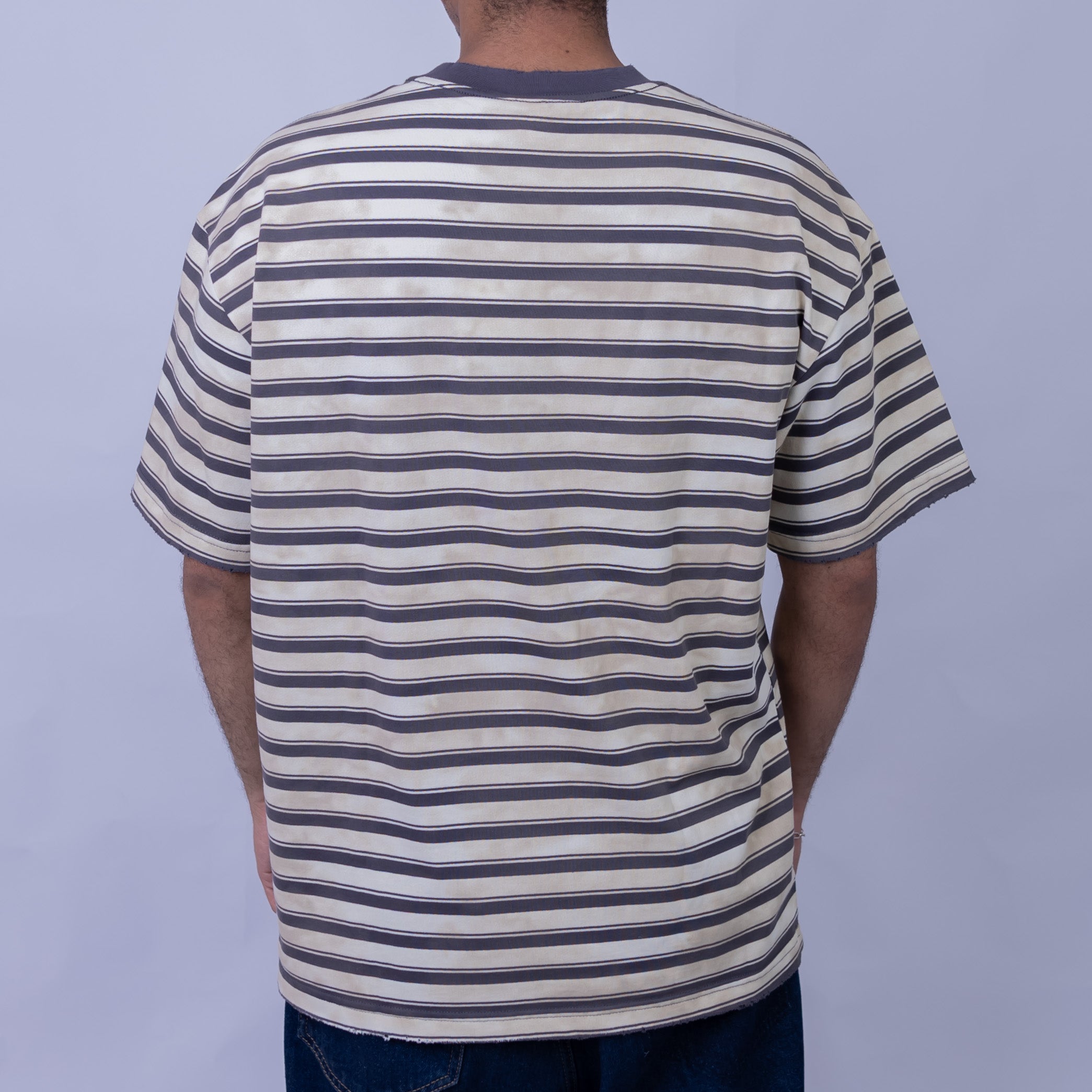 Oversized Men's Cotton Striped Pocket Contrast Collar Round Neck T-Shirt