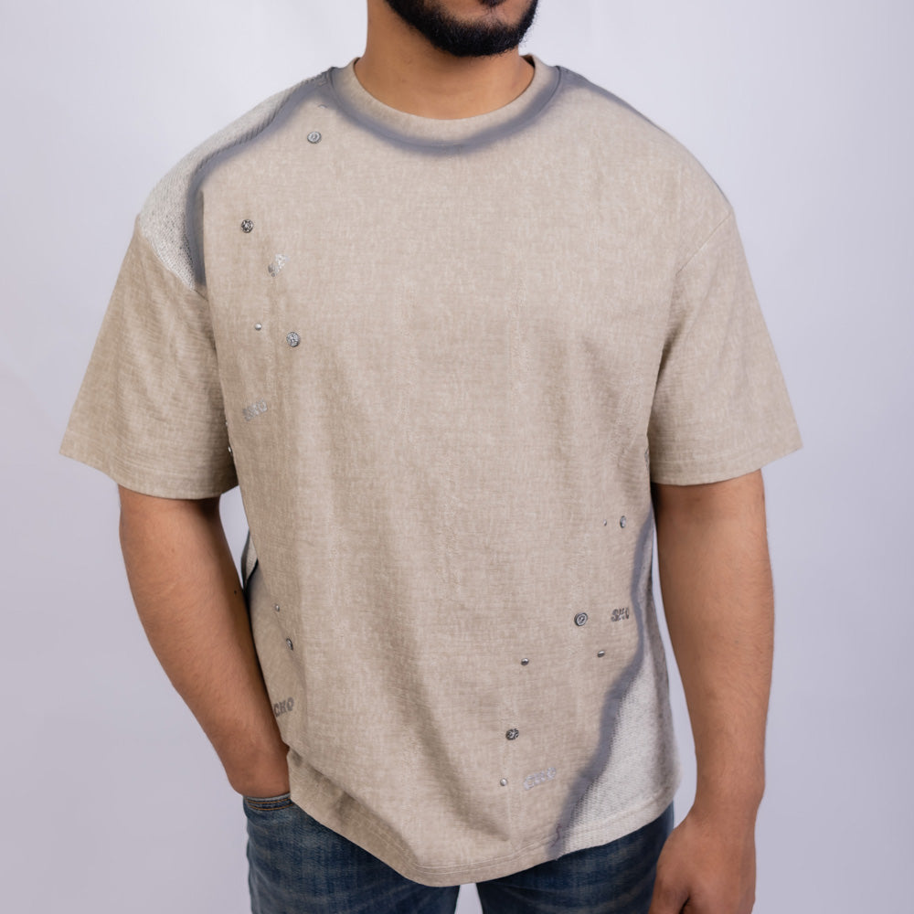 Oversized Men's Cotton Contrast Panel Metal Studs Crew Neck T-Shirt