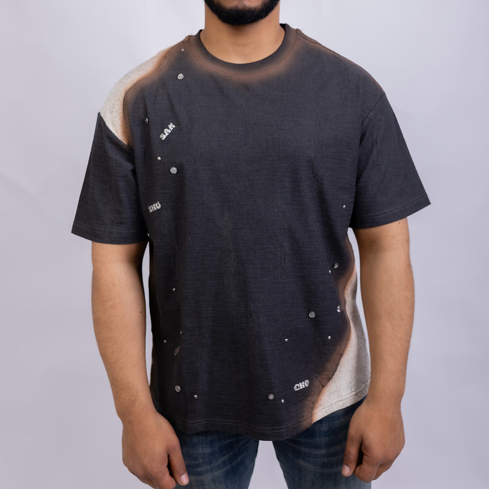 Oversized Men's Cotton Contrast Panel Metal Studs Crew Neck T-Shirt