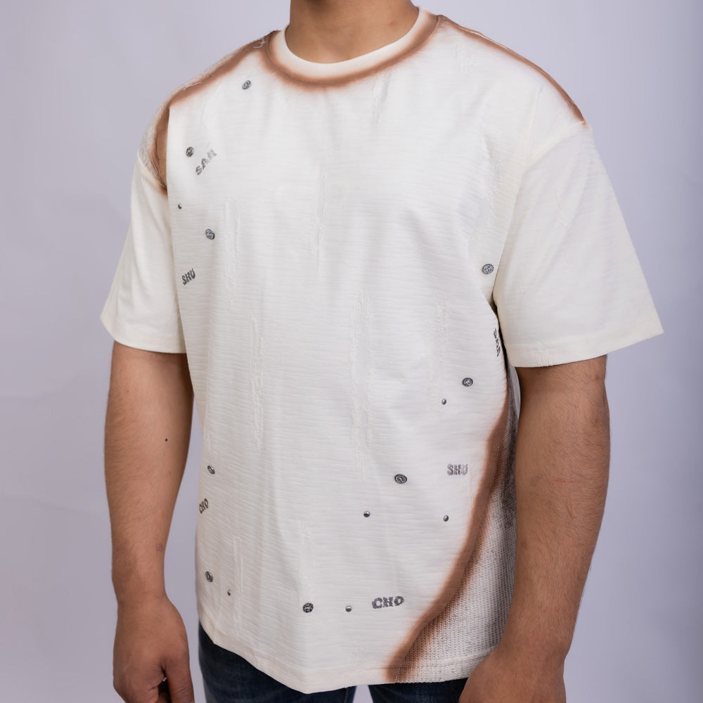 Oversized Men's Cotton Contrast Panel Metal Studs Crew Neck T-Shirt