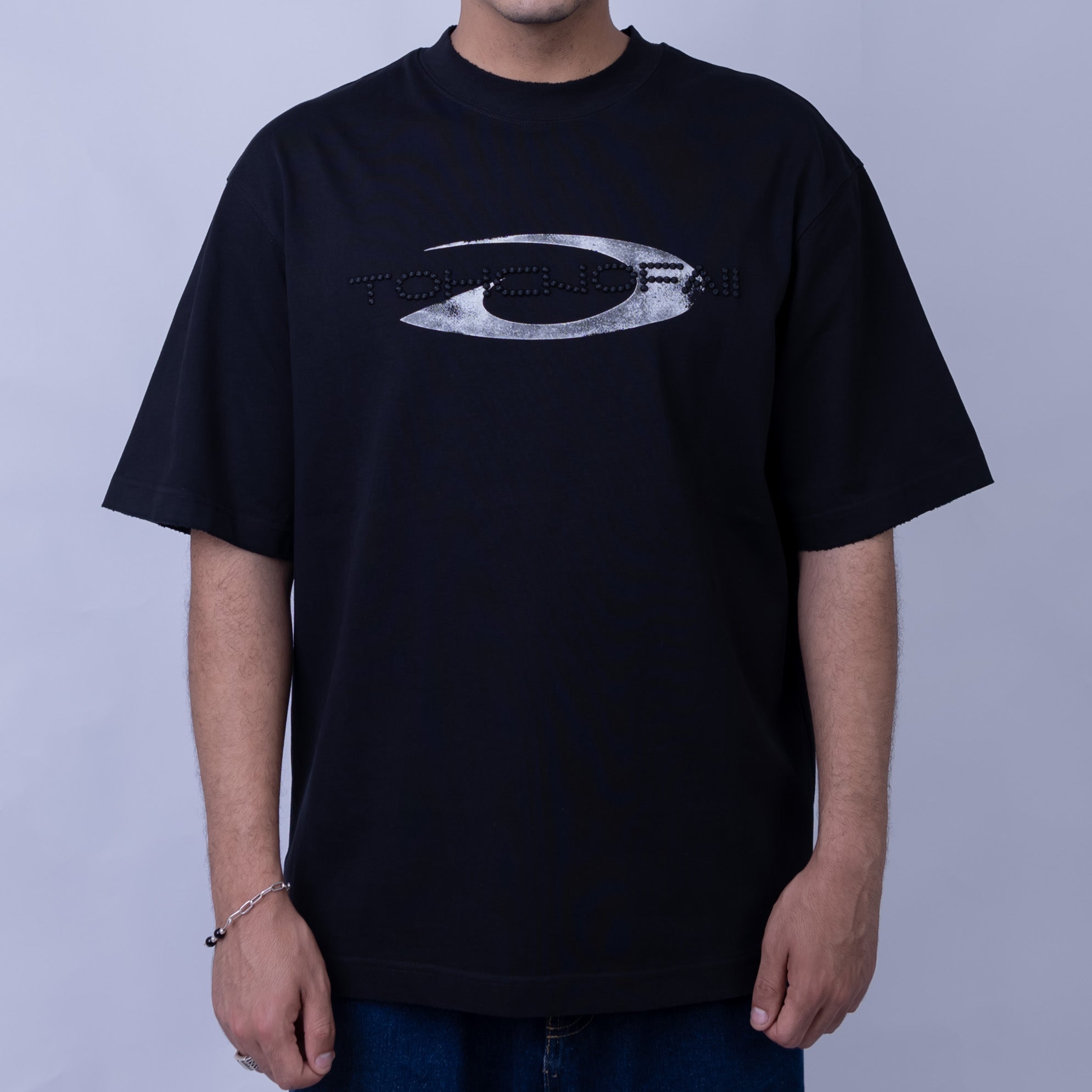 Oversized Men's 100% Cotton Chrome Print & Embroidery Mock Neck T-Shirt