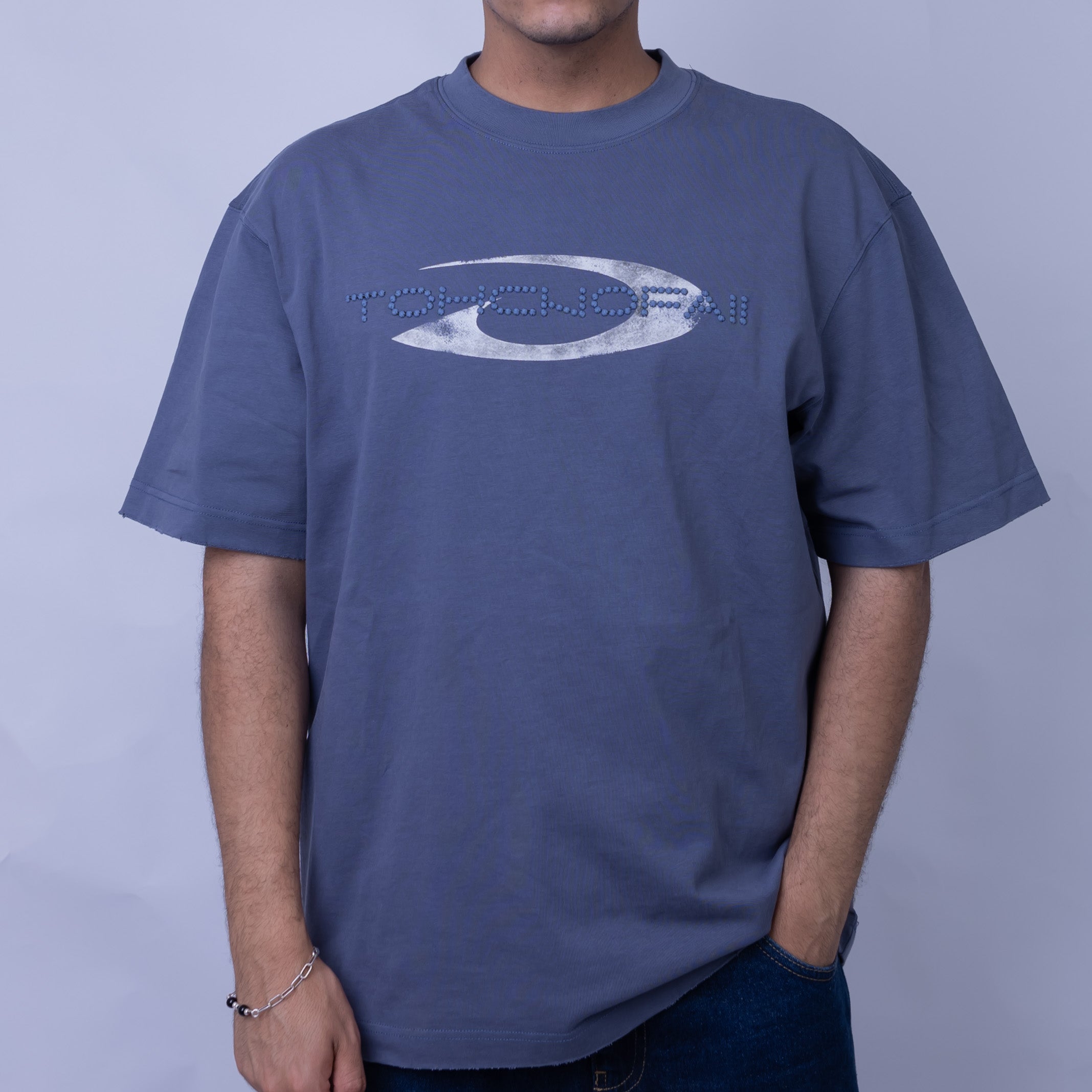 Oversized Men's 100% Cotton Chrome Print & Embroidery Mock Neck T-Shirt