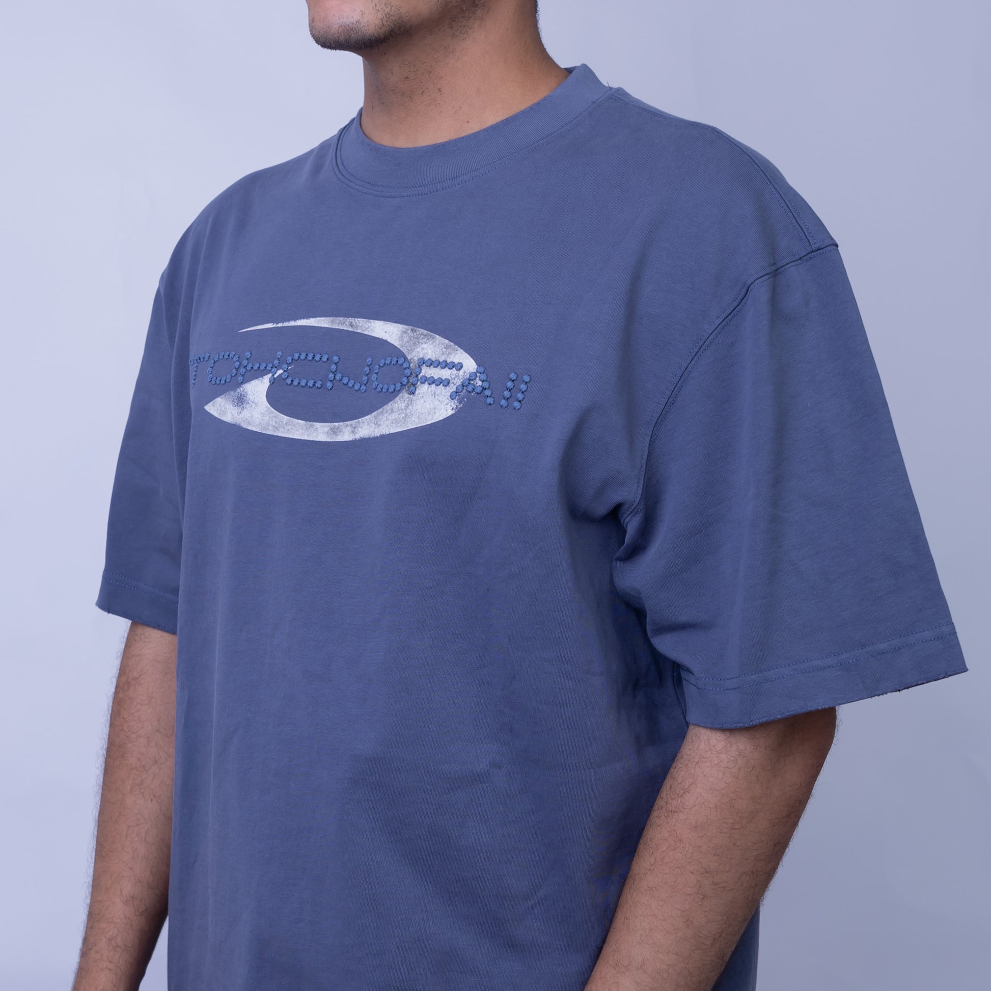 Oversized Men's 100% Cotton Chrome Print & Embroidery Mock Neck T-Shirt