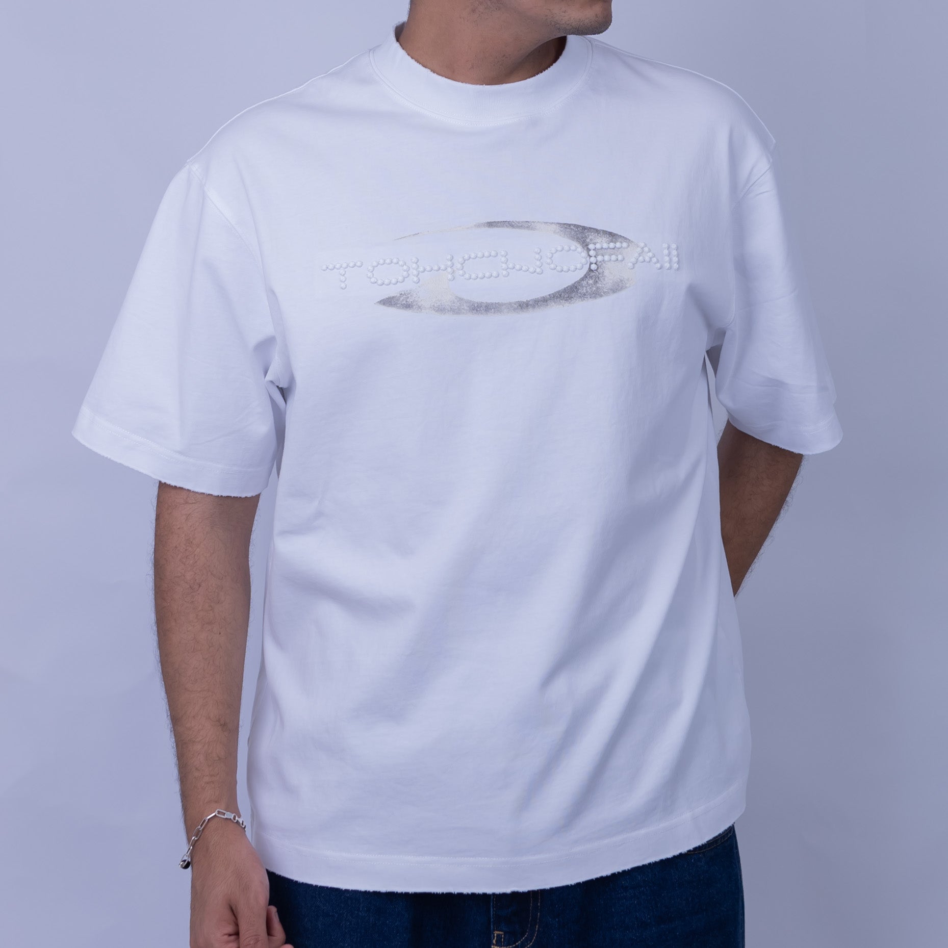 Oversized Men's 100% Cotton Chrome Print & Embroidery Mock Neck T-Shirt