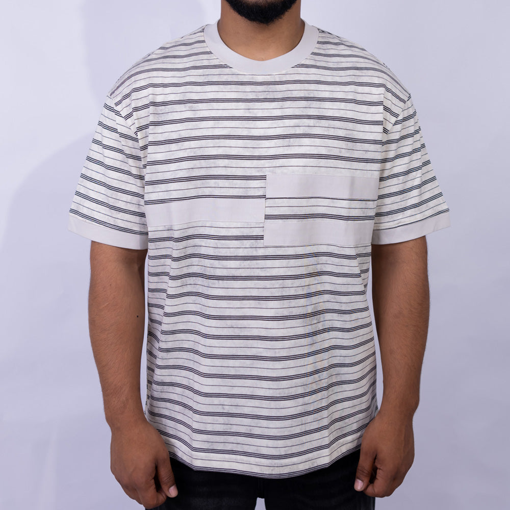 Oversized Cotton Striped Chest Pocket T-Shirt for Men