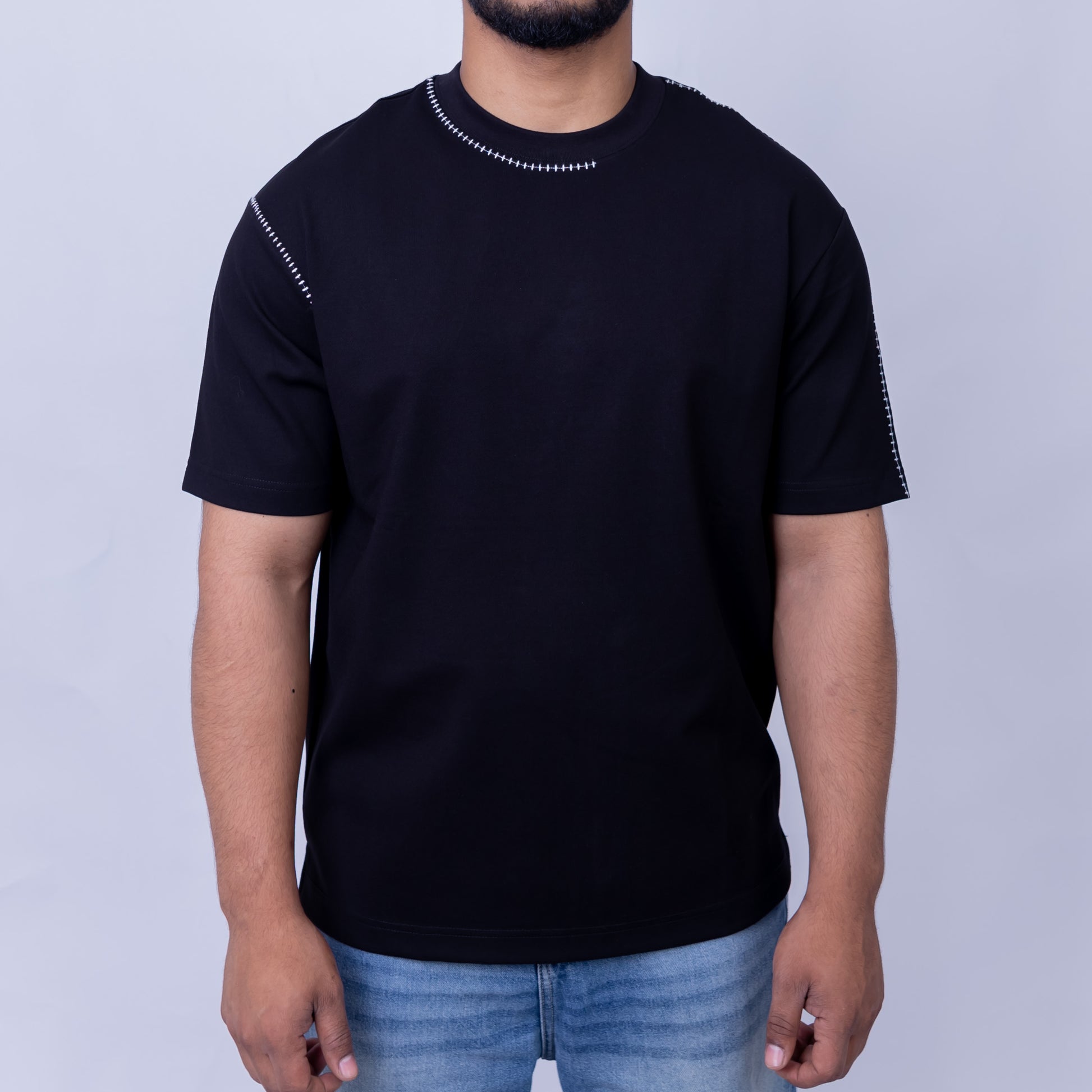 Oversized Men's Cotton Blend Contrast Stitch Crew Neck T-Shirt